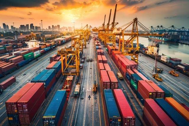 Haven met kleurrijke containers en kranen tijdens zonsondergang, symboliserend export en import van goederen.