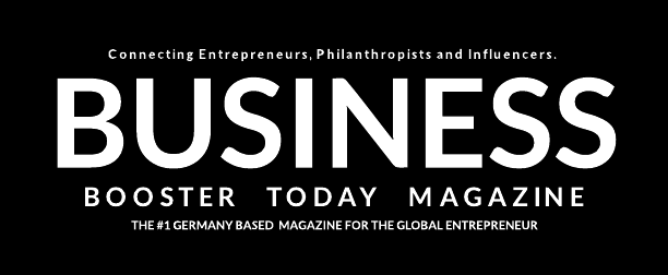 Logo van Business Booster Today Magazine, met de slogan "Connecting Entrepreneurs, Philanthropists and Influencers" en de tekst "THE #1 GERMANY BASED MAGAZINE FOR THE GLOBAL ENTREPRENEUR".