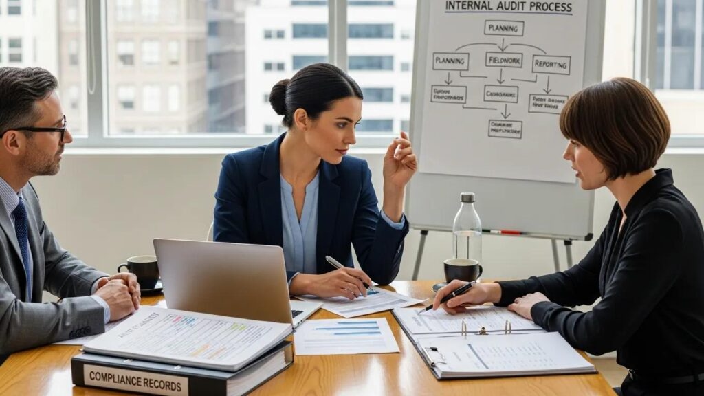 Auditor beoordeelt documenten en bespreekt interne auditproces met teamleden.