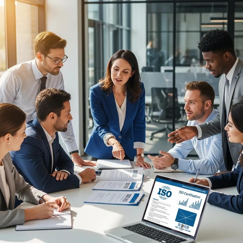 Business professionals collaborating on ISO certification in a modern office