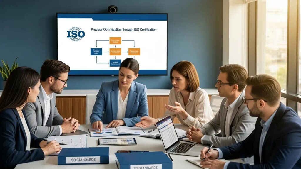 Zes zakelijke professionals in een moderne kantooromgeving bespreken ISO-certificering met grafieken en documenten op een vergadertafel, gericht op procesoptimalisatie.