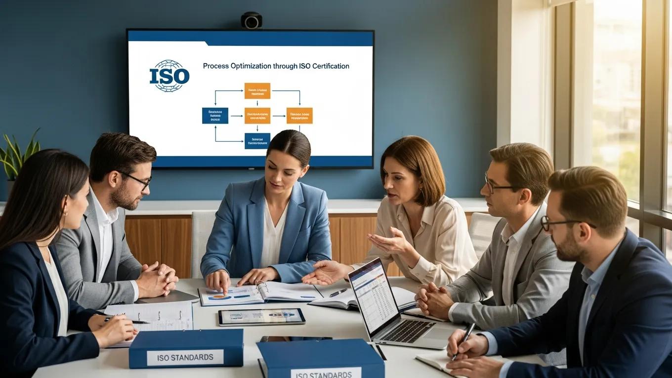 Zes zakelijke professionals in een moderne vergaderruimte, samenwerken aan ISO-certificering, met een presentatie over procesoptimalisatie door ISO-certificering op de achtergrond.