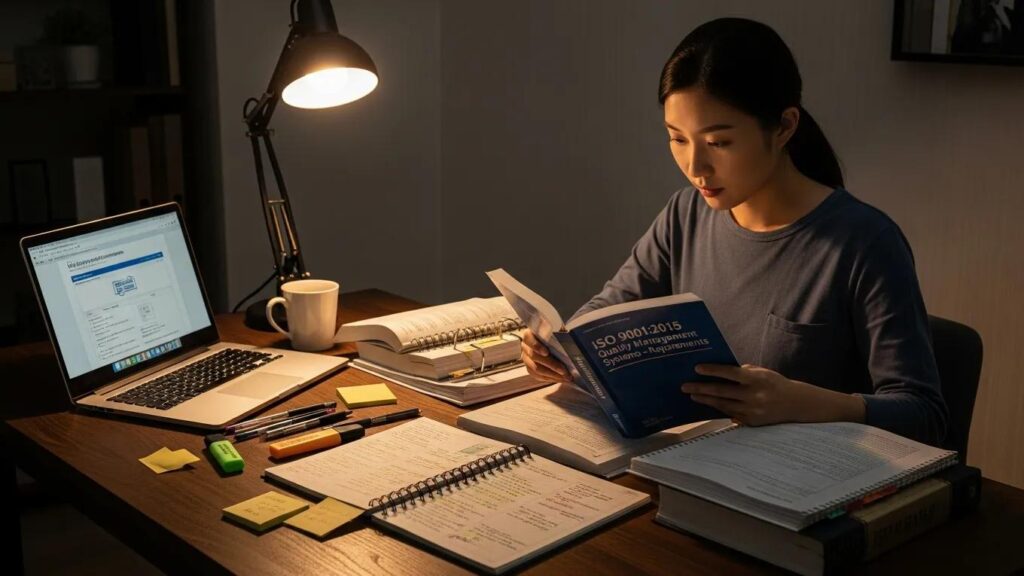 Kandidaat studerend voor het ISO auditor examen, omringd door studiemateriaal en voorbereiding op ISO-normen.