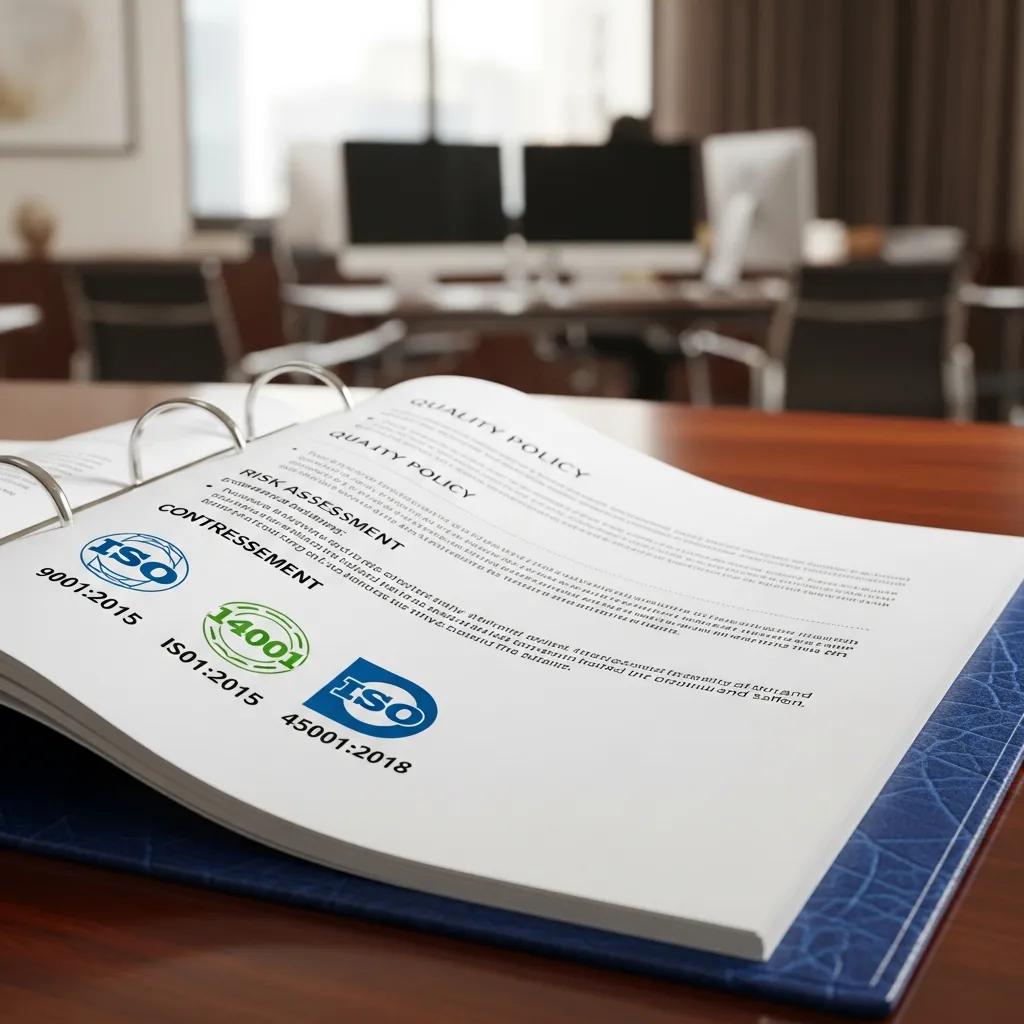 Close-up of ISO standards document in a professional office setting