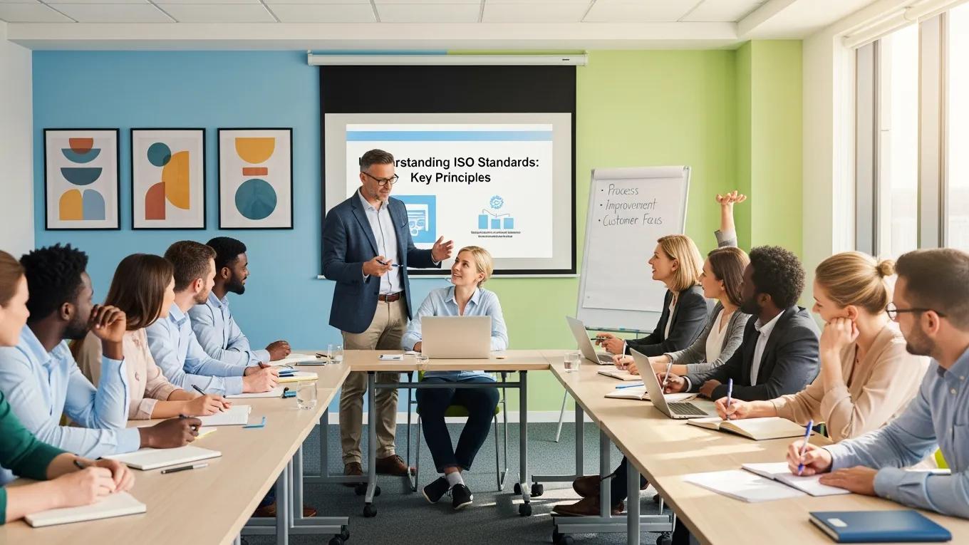 Medewerkers deelnemen aan een ISO-training workshop, met een presentator die de basisprincipes van ISO-normen uitlegt, en deelnemers die aantekeningen maken en actief deelnemen aan de discussie.