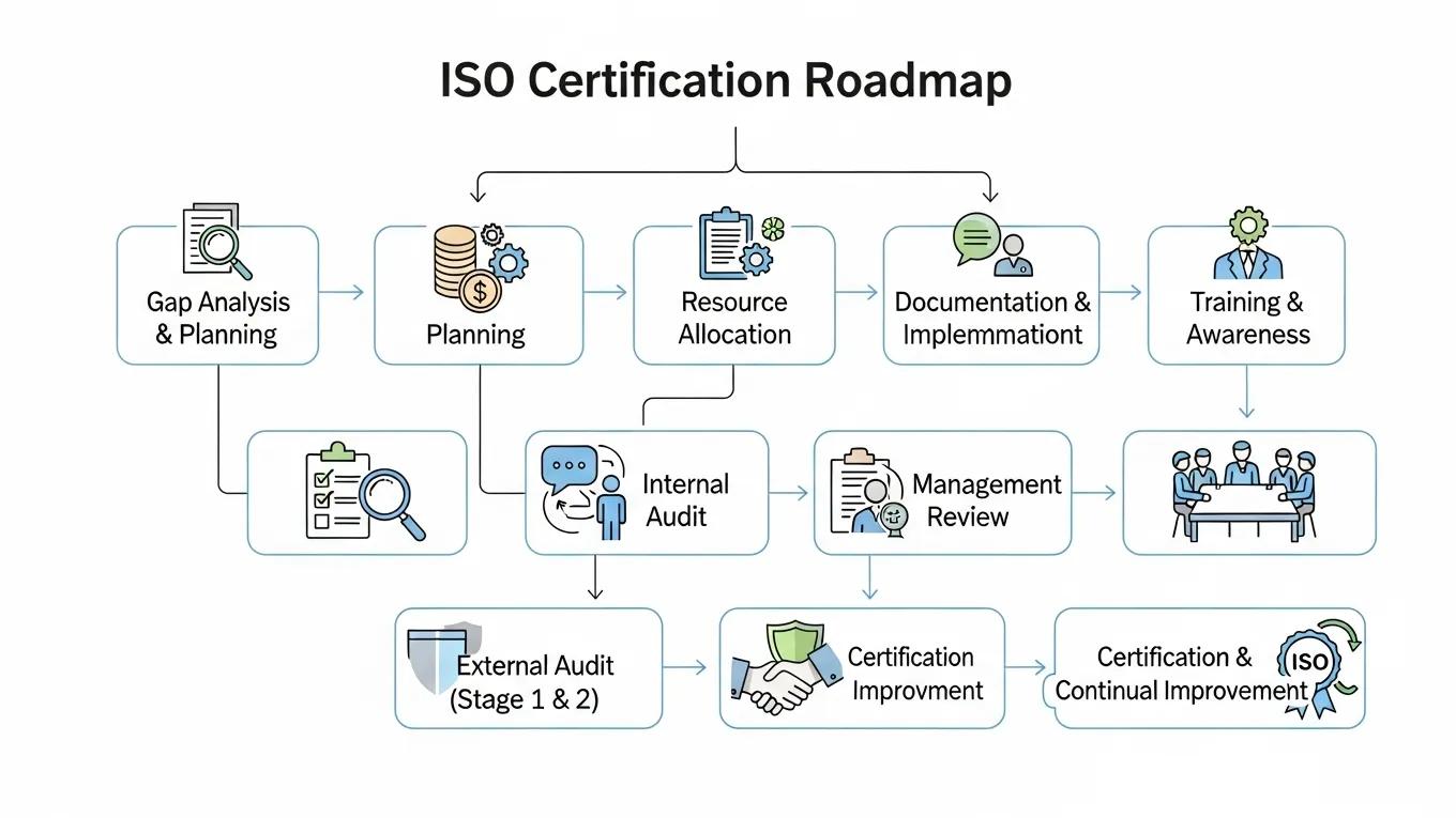 Flowchart illustrating the ISO-certificeringsproces met stappen zoals gap-analyse, resource allocatie, documentatie, interne audits, en certificering.