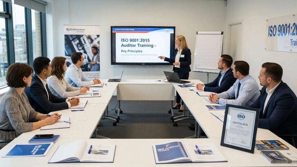Group of professionals participating in an ISO auditor training session, highlighting engagement and learning