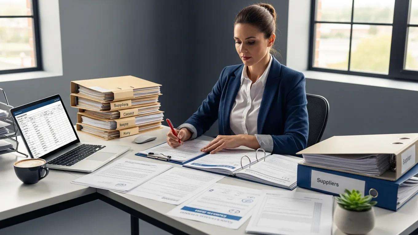 Kwaliteitsmanager die leverancierscertificaatdocumenten beoordeelt in een kantoor, met een laptop, stapels mappen en papieren op de tafel, gericht op ISO-normen en verificatieprocessen.