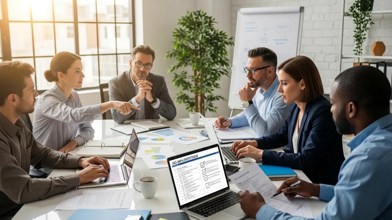 Team samenwerkend aan ISO-implementatiechecklists in een moderne kantooromgeving, laptops en documenten op tafel, focus op samenwerking en certificering.