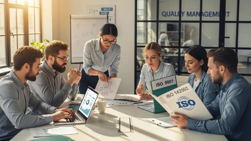 Team collaboration on ISO management systems in a modern office