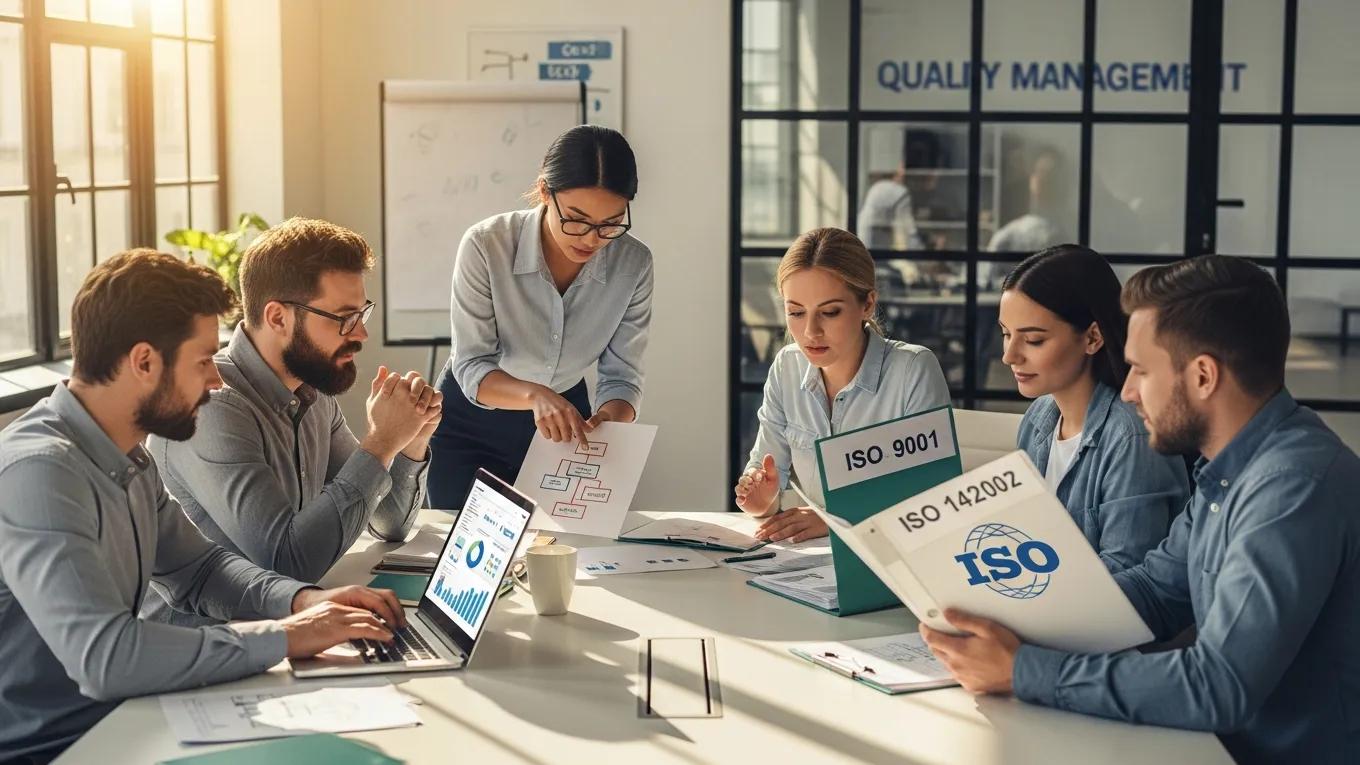 Team collaborating on ISO management systems, discussing ISO 9001 and ISO 142002 certifications, in a modern office setting focused on quality management.