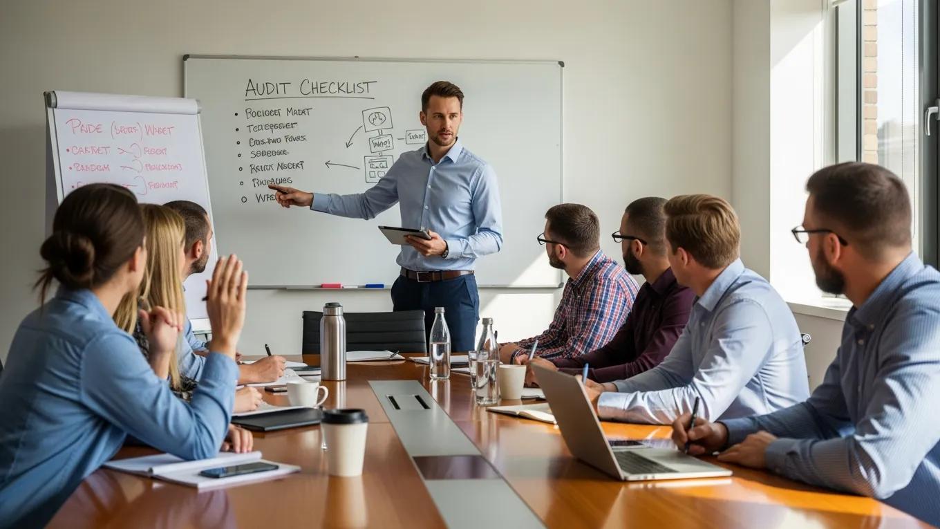 Man presenting an audit checklist in a meeting room, with team members engaged in discussion, emphasizing ISO certification preparation and training.