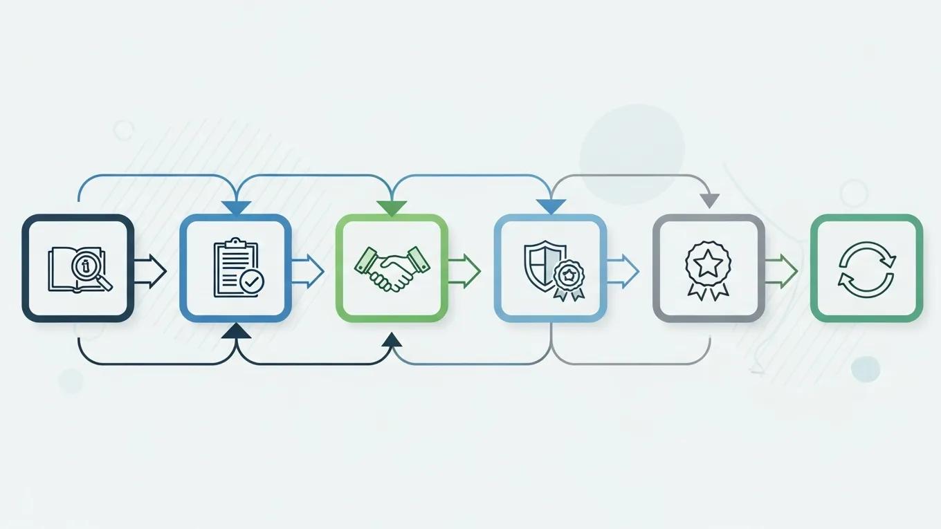 Visualisatie van het ISO-certificeringsproces, inclusief stappen zoals evaluatie, documentatie, audits, en continue verbetering.