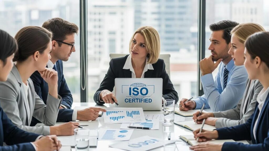 Business professionals collaborating on ISO certification in a modern office