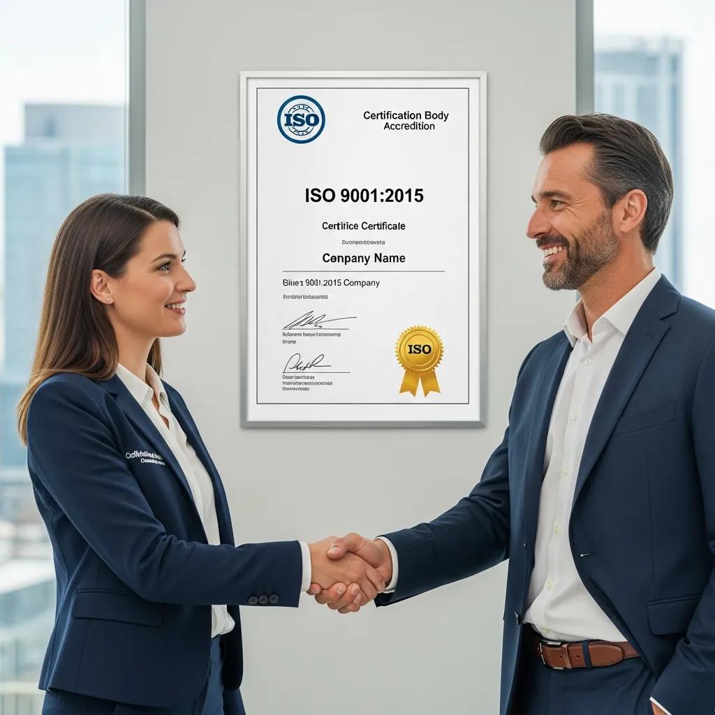Zakelijke persoon en certificeringsvertegenwoordiger schudden de hand na het verkrijgen van ISO-certificering.