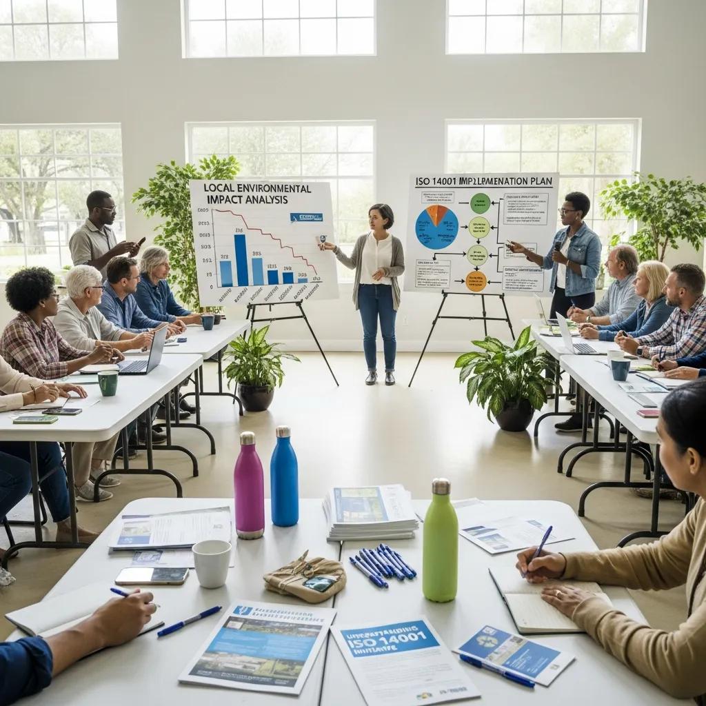 Stakeholderbijeenkomst met discussie over ISO 14001 milieubeleid en impactanalyse.