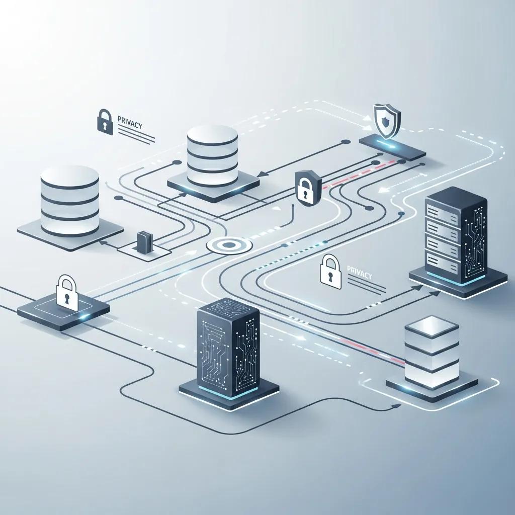 Dataflow mapping visualisatie met abstracte representaties van dataprocessen en privacy elementen voor ISO 27001 en ISO 27701 implementatie.