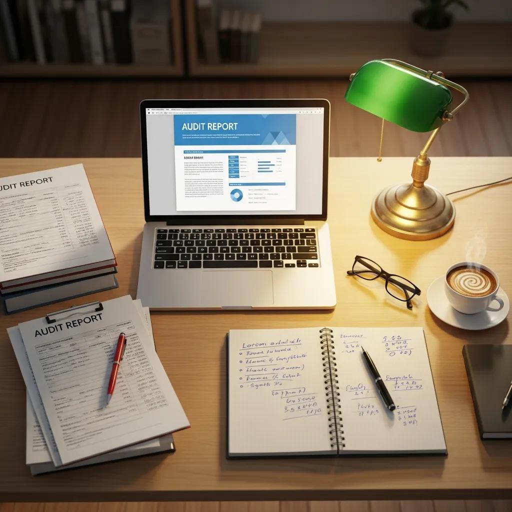 ISO 27001 audit documenten en rapporten op een bureau voor certificeringsvoorbereiding.