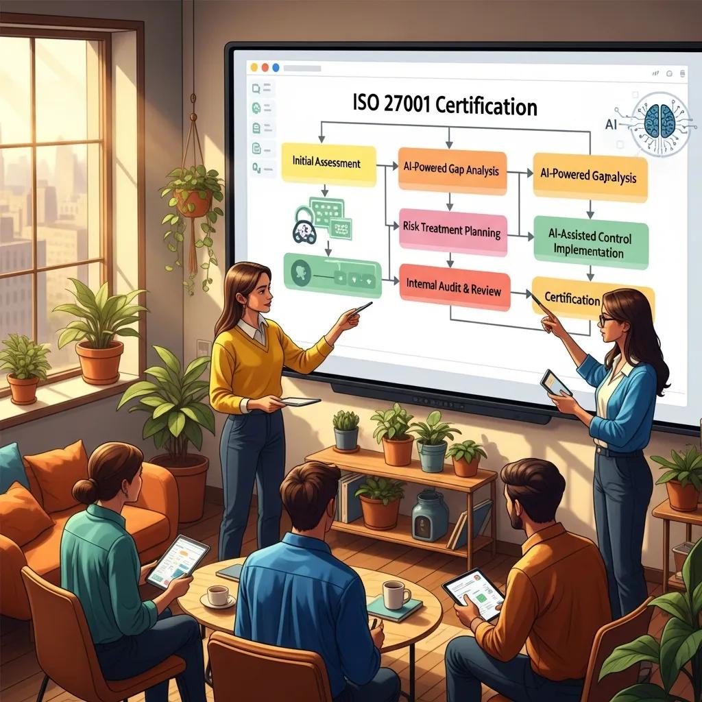 ISO 27001 certificering flowchart met AI ondersteuning, illustratie van stappen en risicobeoordeling.