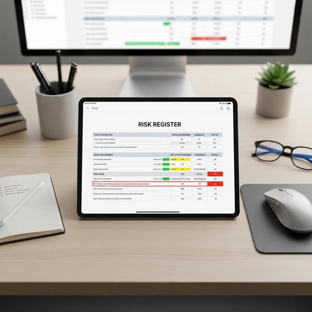 Digitaal overzicht van een risicoregister sjabloon met essentiële elementen voor ISO 27001 compliance.