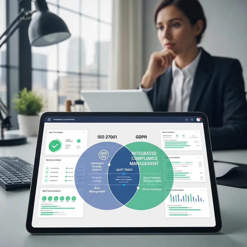 Geïntegreerd risicomanagement framework voor ISO 27001 en GDPR compliance, weergegeven op een tablet.