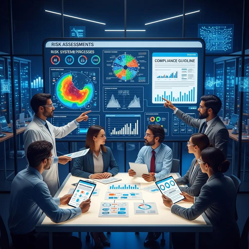 Diverse professionals analyzing risk management and compliance strategies related to ISO 42001, showcasing commitment to ethical AI practices