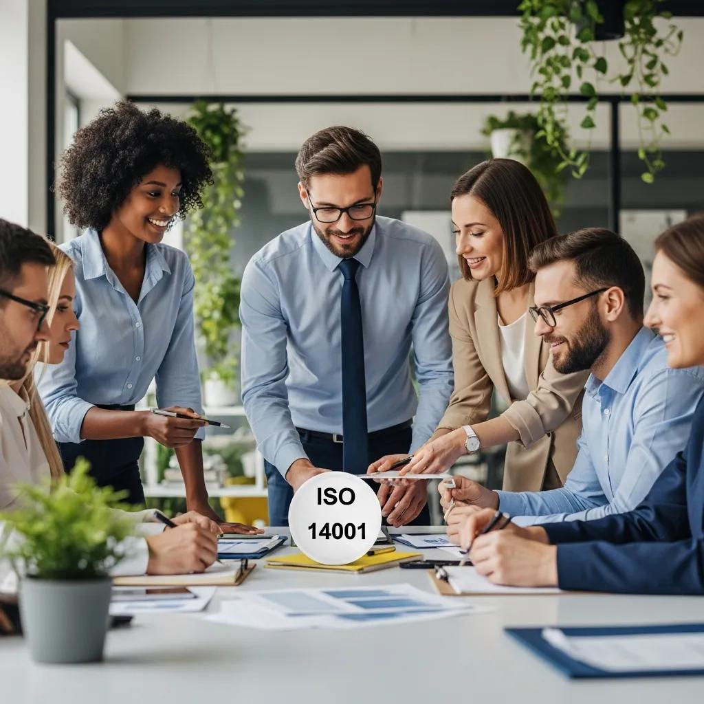 Professionals samenwerkend aan milieuaspectanalyse voor ISO 14001 in modern kantoor.
