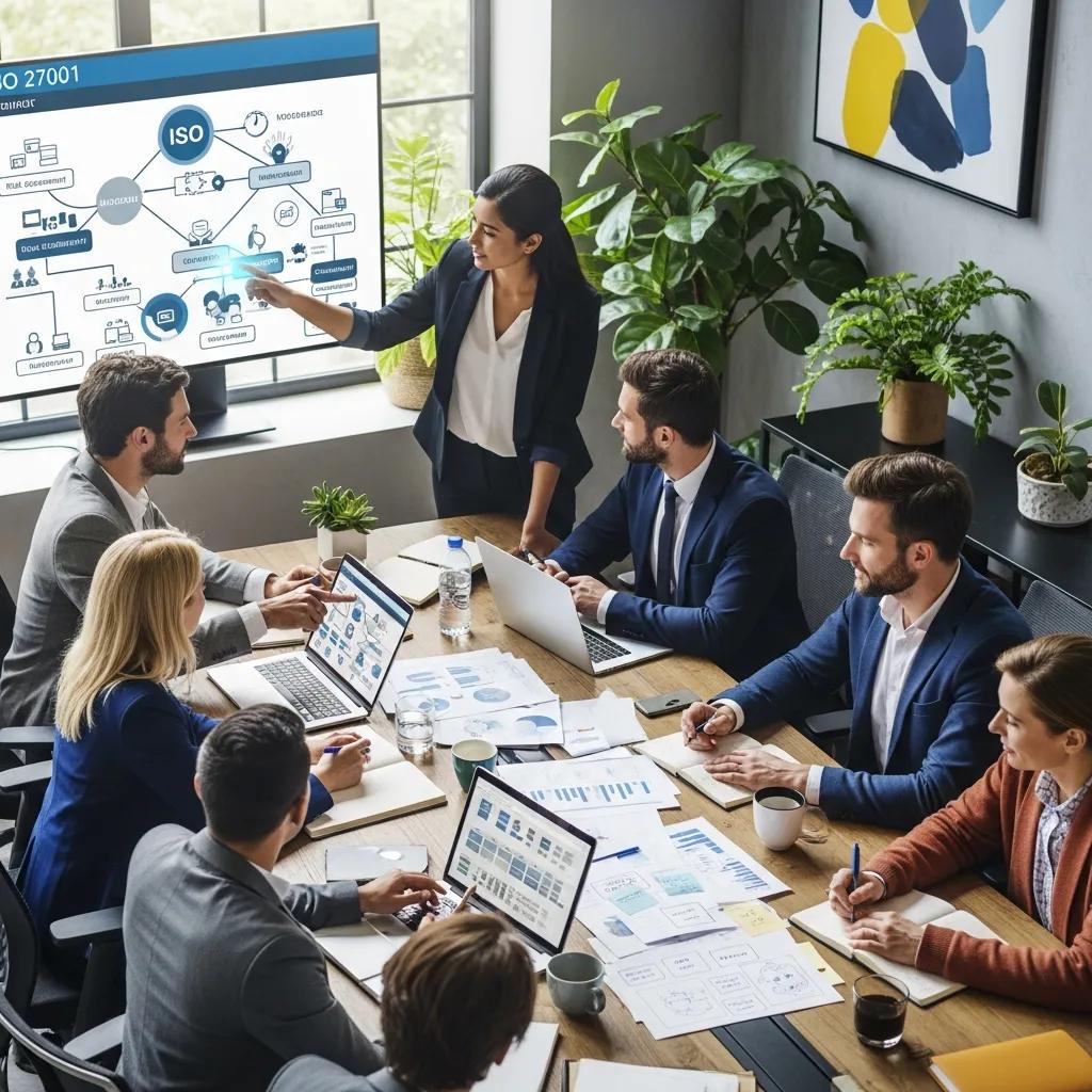 Professionals samenwerkend aan ISO 27001 risicobeoordelingsstrategieën in een modern kantoor.