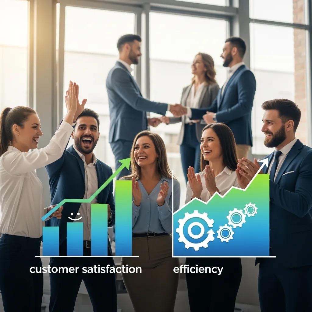 Dynamic visual illustrating measurable benefits of ISO certification, with a team celebrating improved customer satisfaction and efficiency