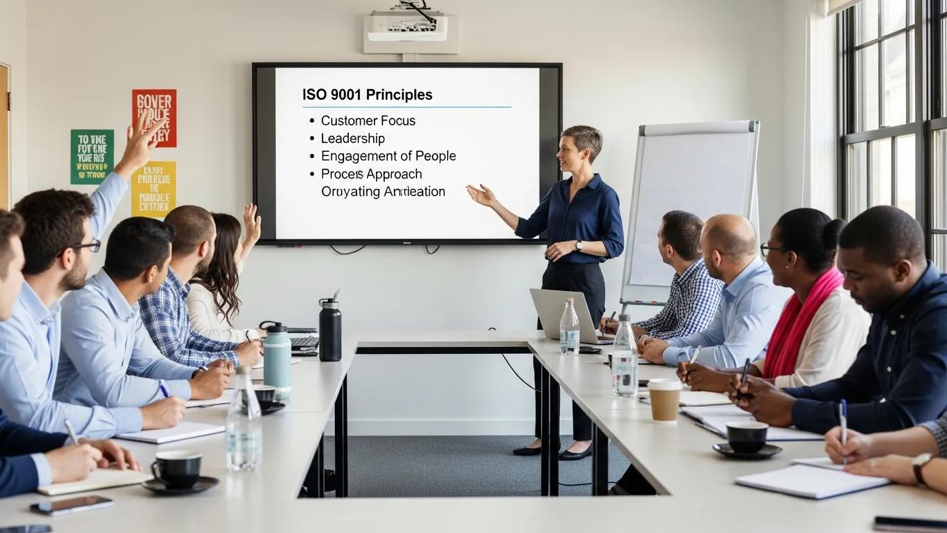 Medewerkers deelnemen aan een ISO 9001 training over kwaliteitsmanagement en klantfocus.