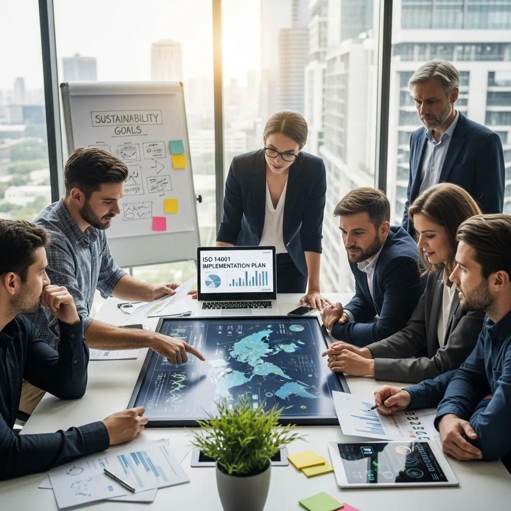 Professionals collaborating on ISO 14001 implementatieplan, ESG-score verbetering en milieuverantwoordelijkheid.