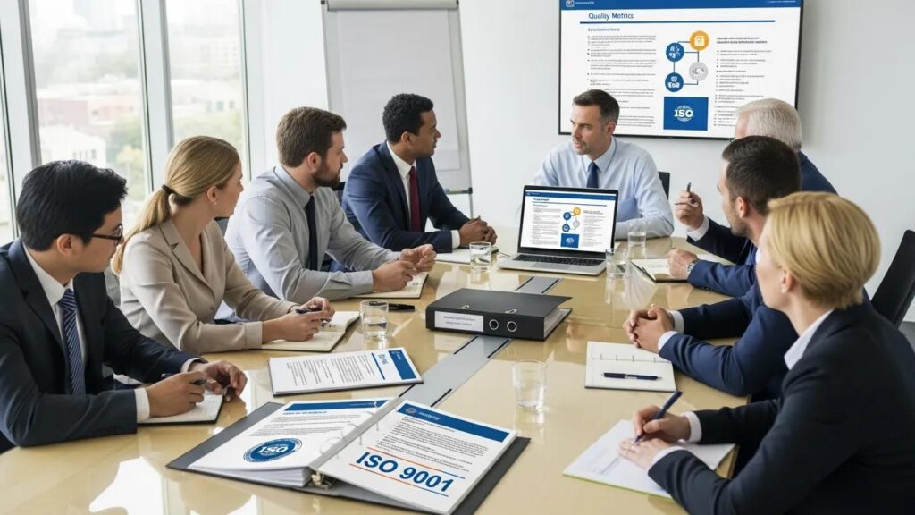 Group of professionals discussing ISO 9001 certification in a meeting room