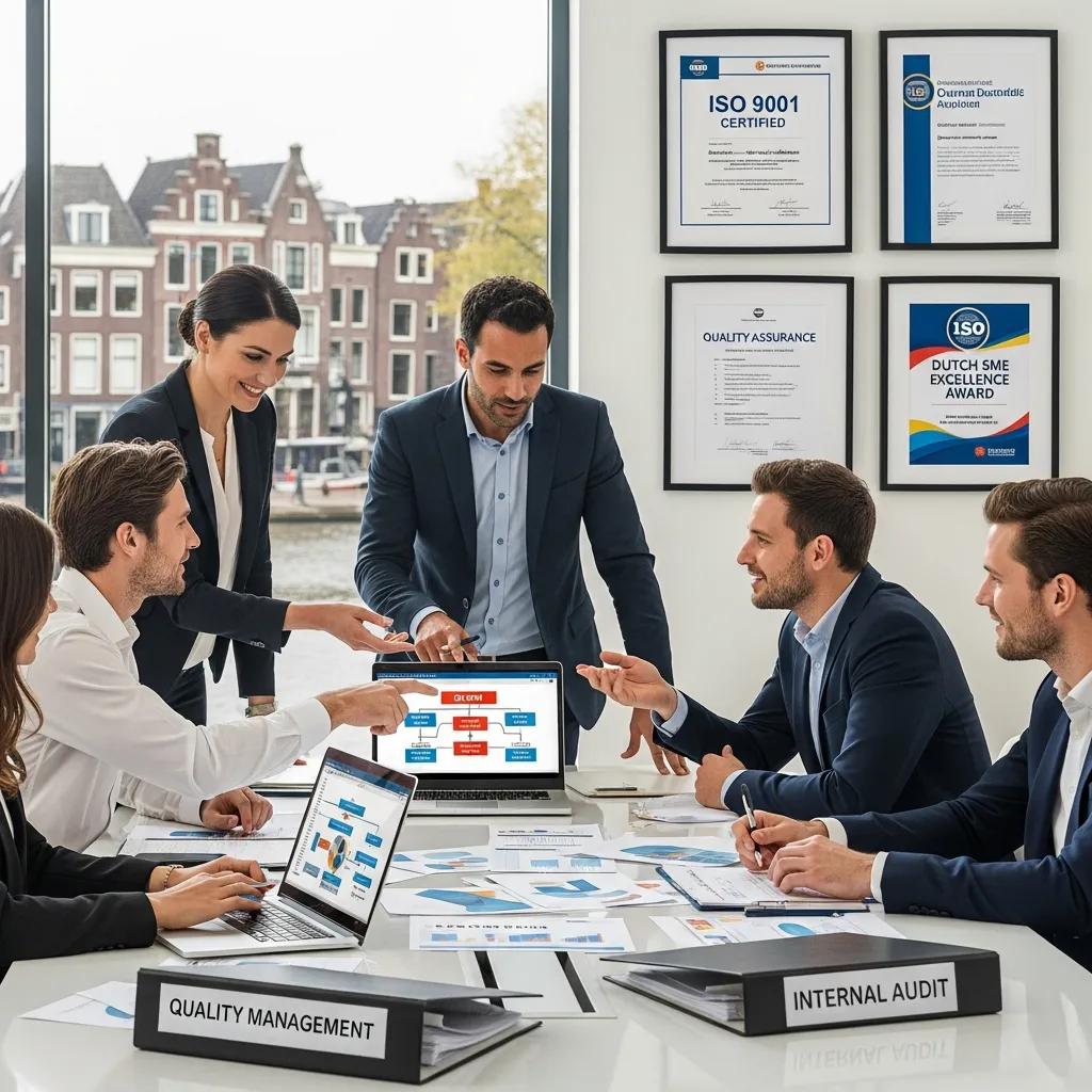 Group of professionals discussing ISO certification in a modern office, emphasizing quality management and improvement