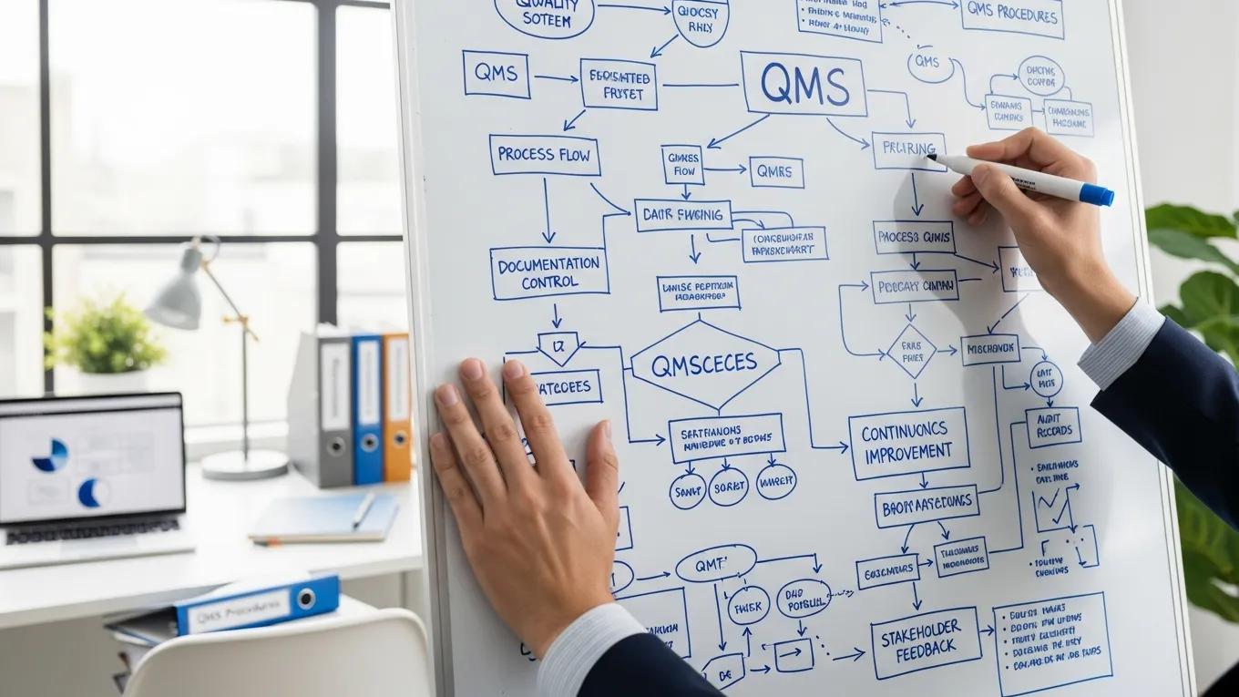 Handen documenteren processen voor de ontwikkeling van een Quality Management System (QMS) en ISO 9001-vereisten.
