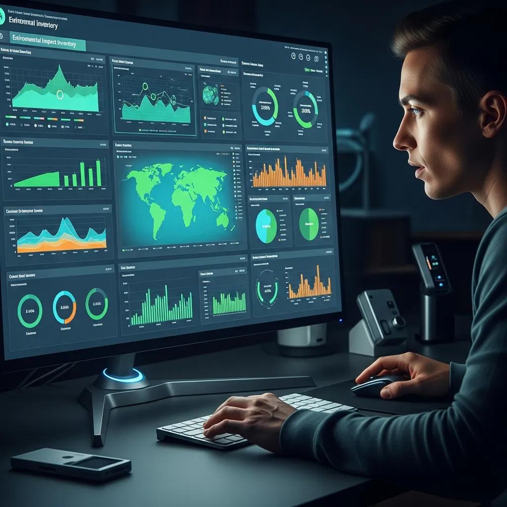 Individual using digital tools for environmental aspect inventory analysis in a high-tech workspace