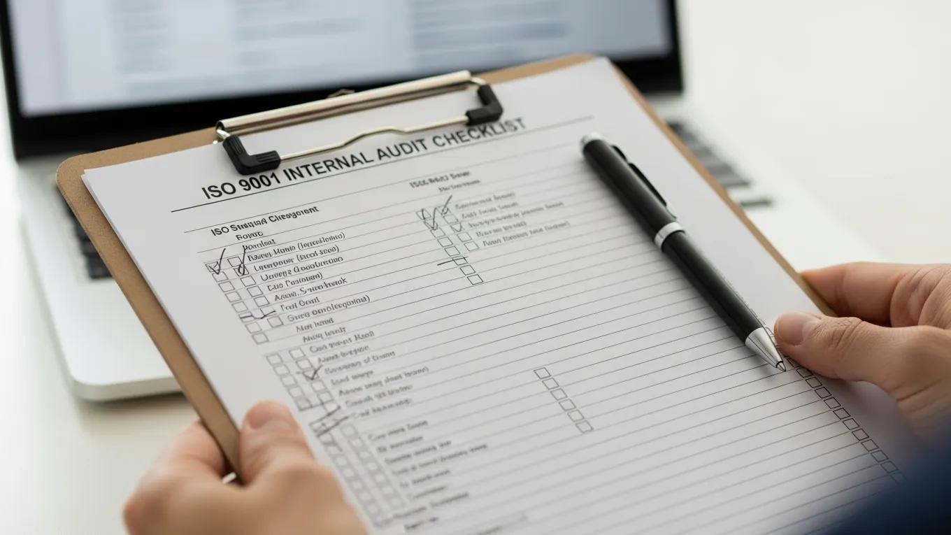 ISO 9001 audit checklist being utilized in a professional audit preparation setting