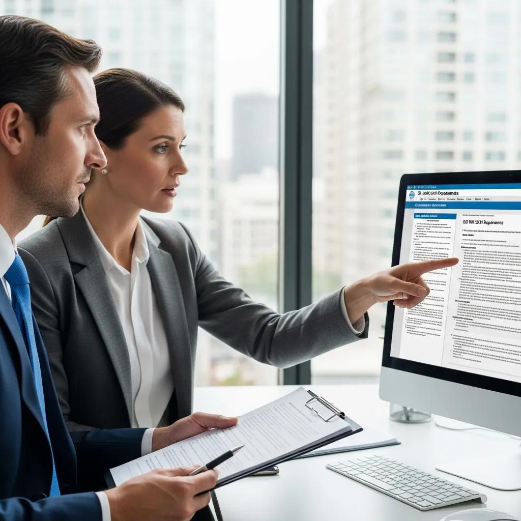 ISO-auditor beoordeelt compliance standaarden met organisatierepresentant bij computer.