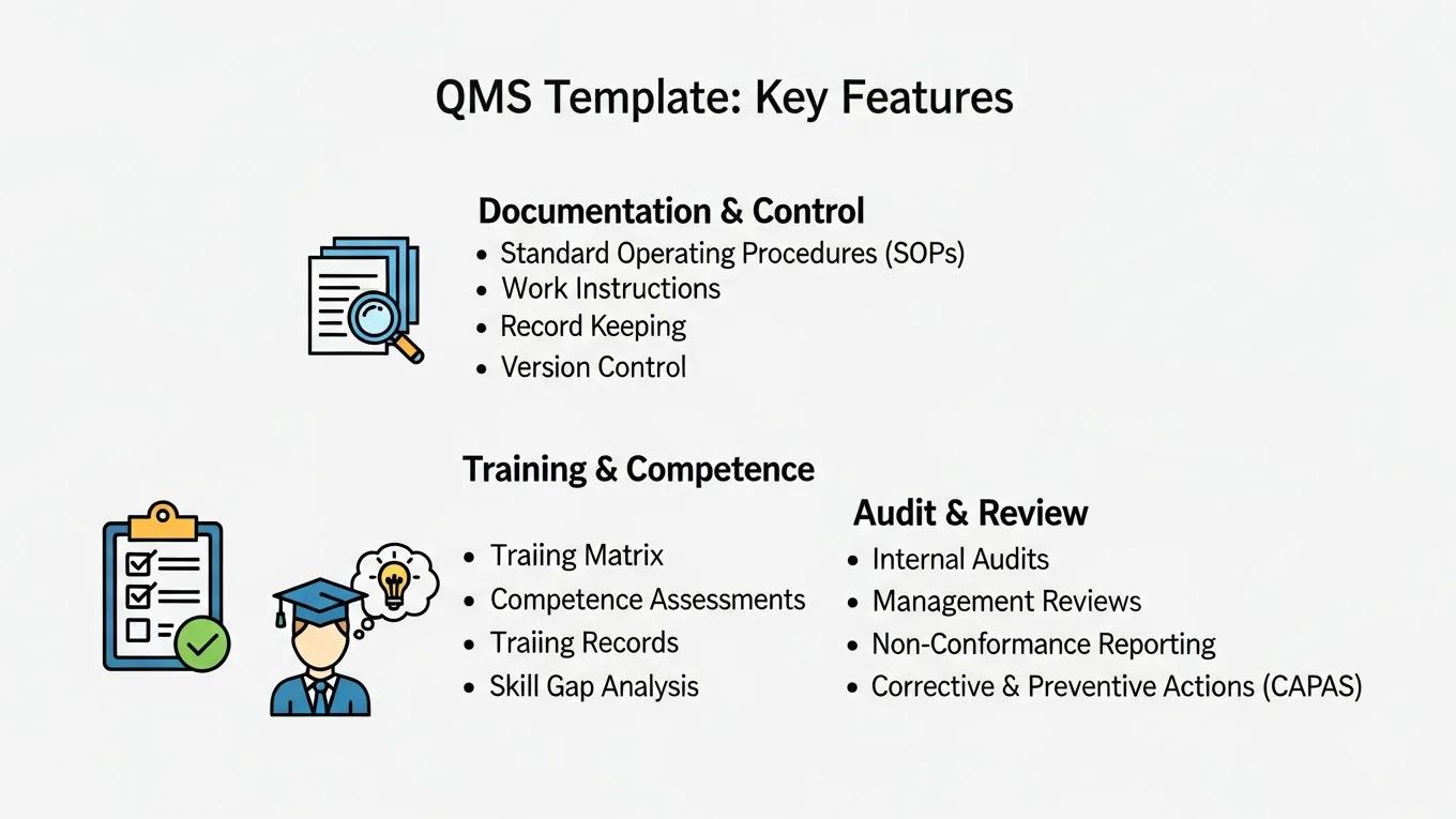 Key features of a Quality Management System template including documentation and training