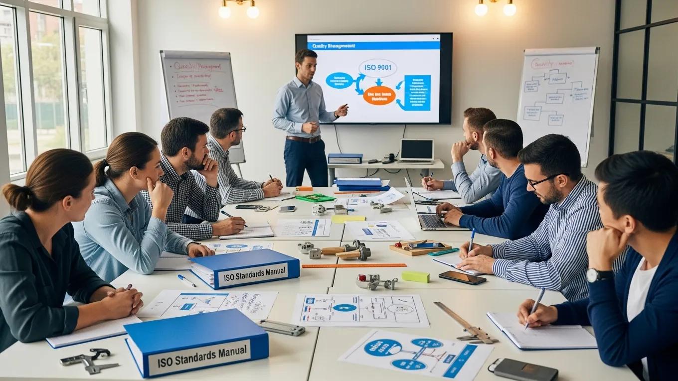 Participants engaged in an ISO training workshop with a trainer