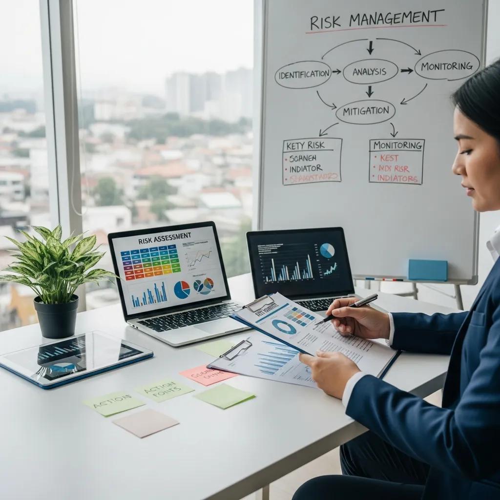 Professional conducting a risk assessment in a business environment focused on quality improvement.