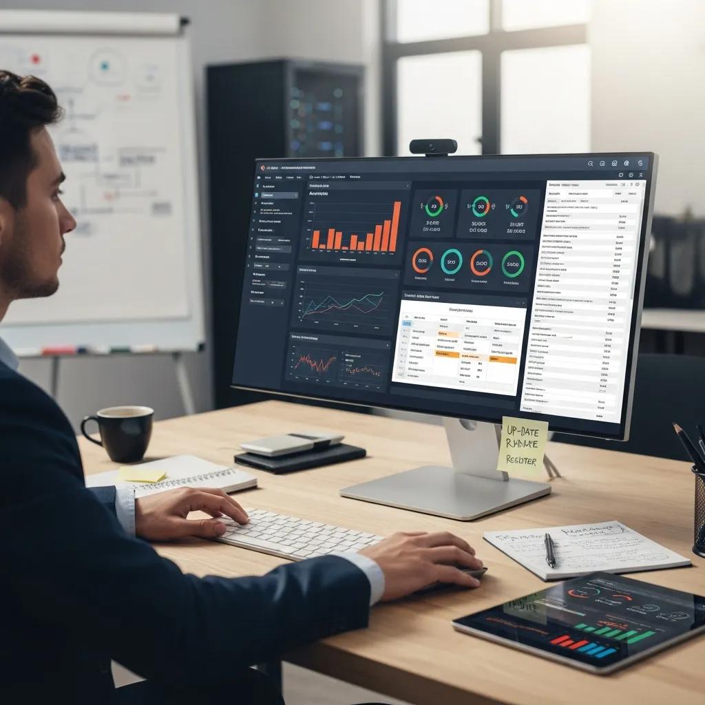 Professionele monitoring van risicobeoordeling data en metrics voor ISO 27001 compliance op een computerscherm.