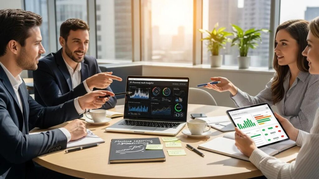 Professionals discussing AI-driven audit tools in a modern office setting