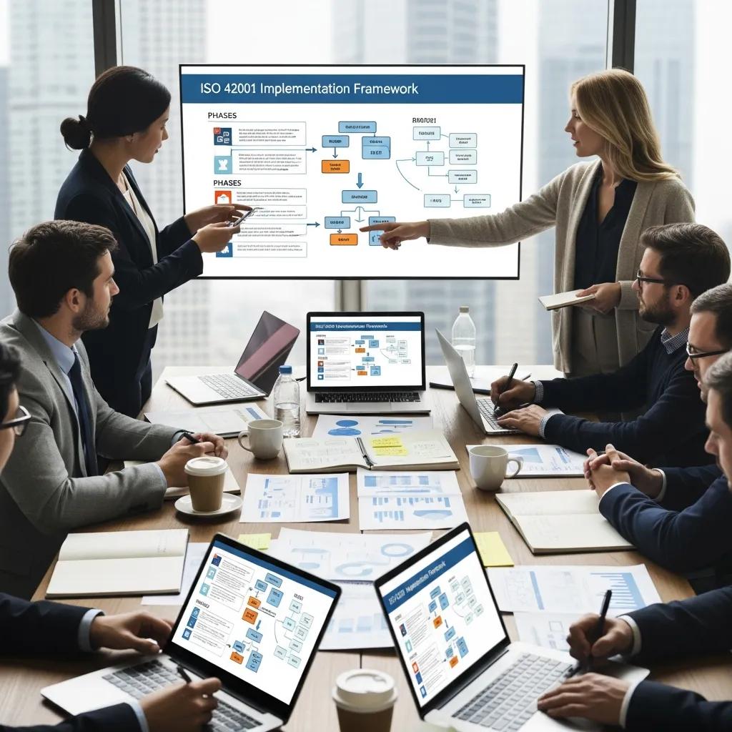 Professionals engaged in evaluating policies for the implementation of ISO 42001 in AI management, emphasizing teamwork and strategy