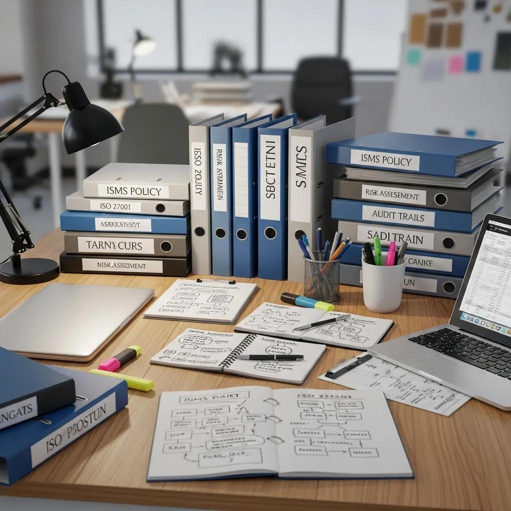 Gestructureerde werkplek met ISMS documentatie, beleidsdocumenten en risicobeoordelingsplannen voor ISO 27001.
