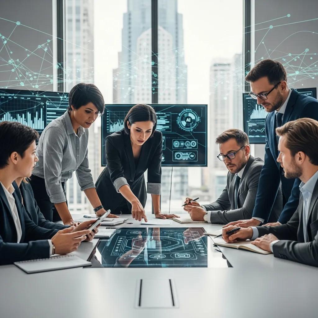 Teamleden bespreken AI risicobeheer strategieën conform ISO 42001 in een moderne kantooromgeving.
