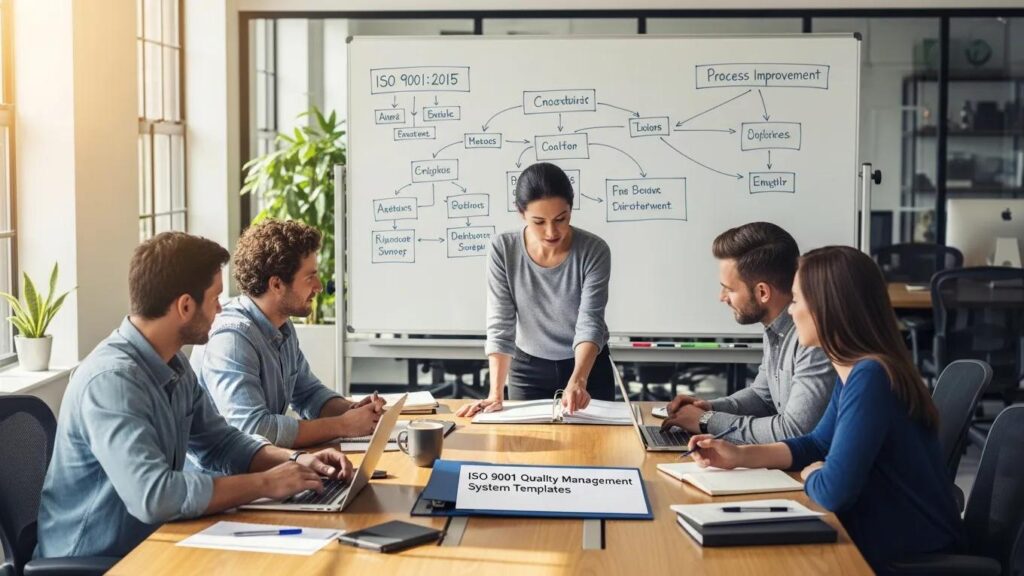 Team collaborating on ISO 9001 quality management templates in a modern office