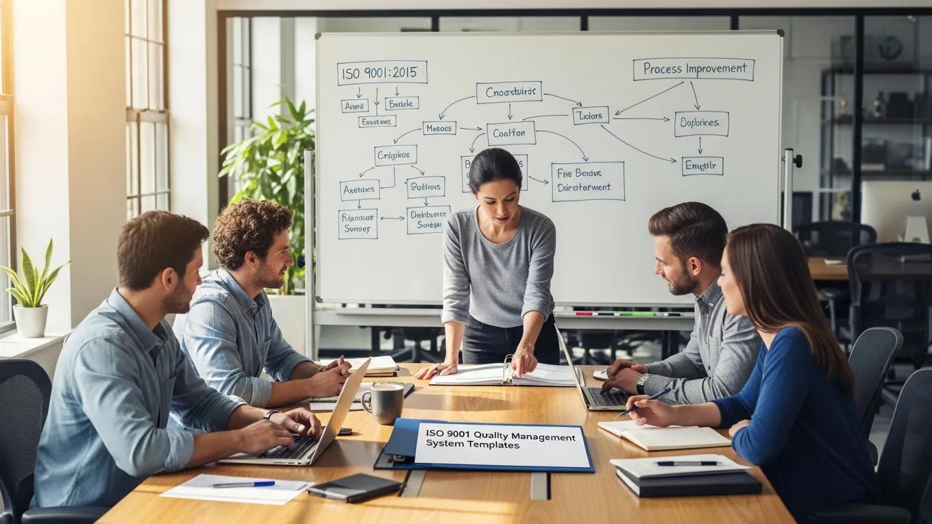 Teamleden die samenwerken aan ISO 9001 kwaliteitsmanagement sjablonen in een modern kantoor, met whiteboard en
