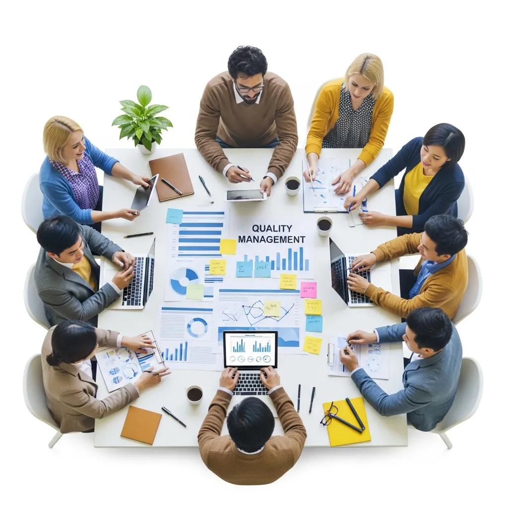Teamleden collaborerend aan kwaliteitsmanagement en continue verbetering strategieën volgens ISO 9001.