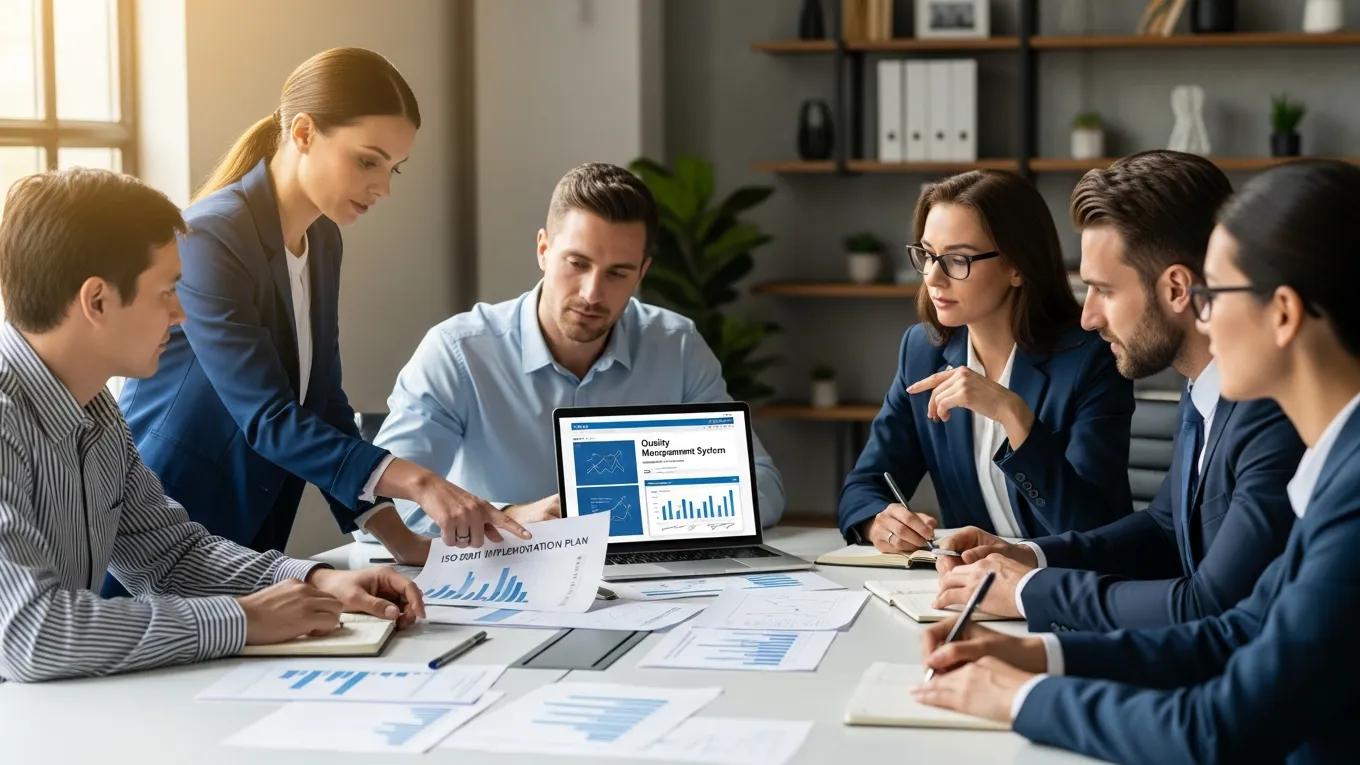 Team samenwerking aan ISO 9001 implementatie in modern kantoor, kwaliteitsmanagement systeem roadmap.
