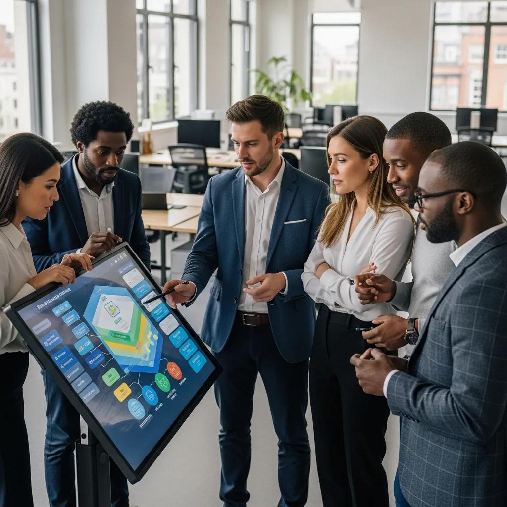 Team bespreekt data privacy controls en dataflow mapping in een modern kantoor, illustraties van ISO27701 richtlijnen.